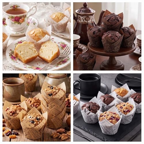 200 Pcs Newspaper Tulip Cupcake Liners for Baking, Newspaper and Stripe - color: Mix Color 2