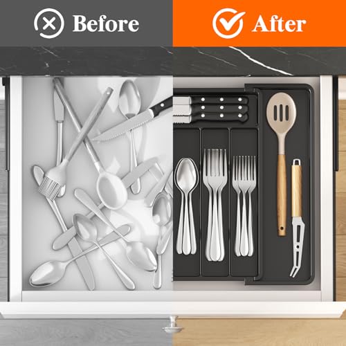 Lifewit Expandable Silverware Drawer Organizer, Kitchen Utensil Tray - color: Black, size: Large (11-18''W x 14''D)