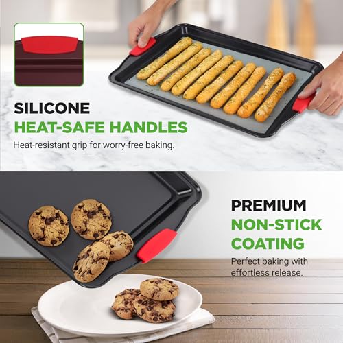 NutriChef 3-Piece Large Nonstick Cookie Sheets for Baking | Premium Food-Grade Carbon Steel, Non-Stick Tray Set with Silicone Handles, Oven Safe up to 446°F | Easy to Clean, 17.2 x 11.8 x 0.7 Inch