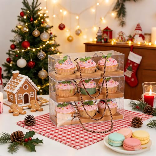 20Pcs Clear Cupcake Boxes with Handle, Cupcake Carrier for Party - color: Brown