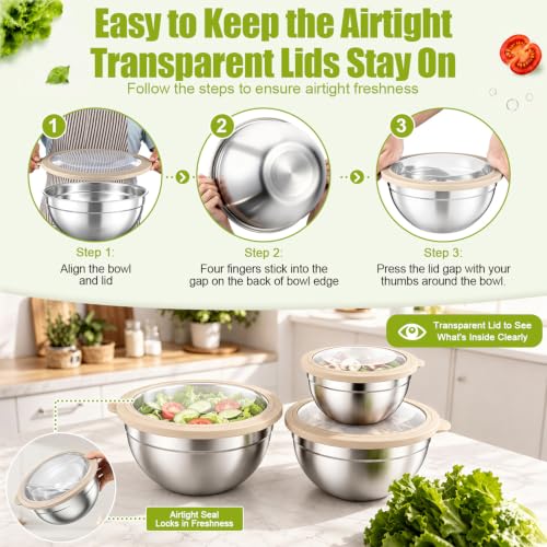 P&P CHEF Stainless Steel Mixing Bowls with Visible Airtight Lids, Khaki - color: Khaki, style: Visible Airtight Lids