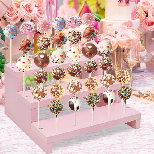 Wood Cake Pop Stands, 3 Tier Lollipop Holders with Twist Ties Lollipop Sticks, Sucker Display Riser for Dessert Table of Wedding Birthday Party (Pink-1P) - color: Pink-1P