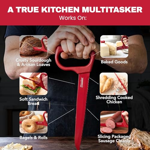 Sourdough Bread Knife, 8" Serrated Blade with Ergonomic Handle, Stainless Steel, Red - color: Red