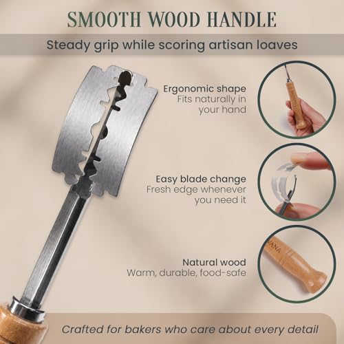 Bread Lame for Sourdough, Beech Wood Bread Scoring Tool with Protective Cover and 5 Replacement Blades