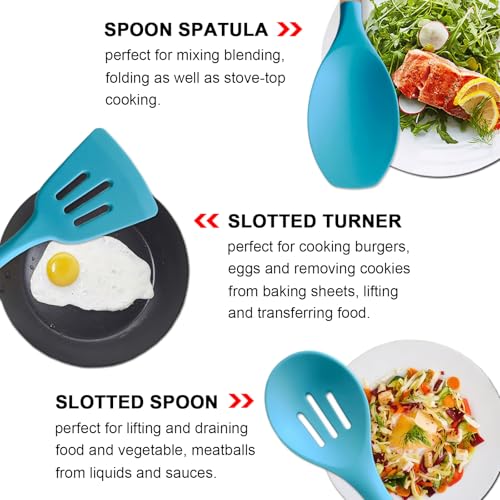 Silicone Kitchen Cooking Utensils Set, 5-Piece Non-Stick Silicone Kitchen Utensils Spatula Serving Spoons Turner Ladle Set w Wooden Handle Heat Resistant Cooking Gadgets for Nonstick Cookware - color: Light Blue, size: Standard 5-Piece Set