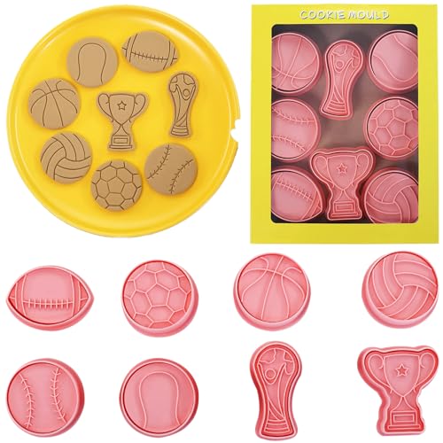 8 Pcs Sports Ball Cookie Cutters with Plunger Set 3D Soccer Cookie Stamps - color: Ball Cookie Cookie