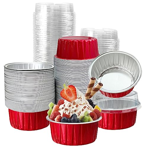 100Pcs Aluminum Cups with Lids,5oz Disposable Ramekin Baking Cups Muffin Liners Mini Pie Pans Foil Cupcake Containers for Christmas Party Wedding Party,Red - color: Red