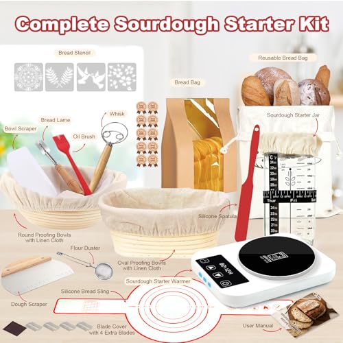 Sourdough Starter Kit with Warmer, Banneton Bread Proofing Basket and Jar