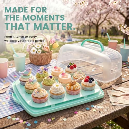VGOODALL Cake Carrier with Lid and Handle, 12 Capacity Cupcake Holder for Muffin Pies Candies Fruits Snacks Desserts, Perfect for Sheet Cakes, Dishwasher Safe - color: Cake Carrier-Green