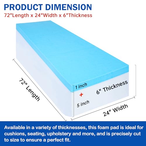 6"x24"x72" Upholstery Foam High Density Gel Memory Foam Cushion - size: 72" X24"x6