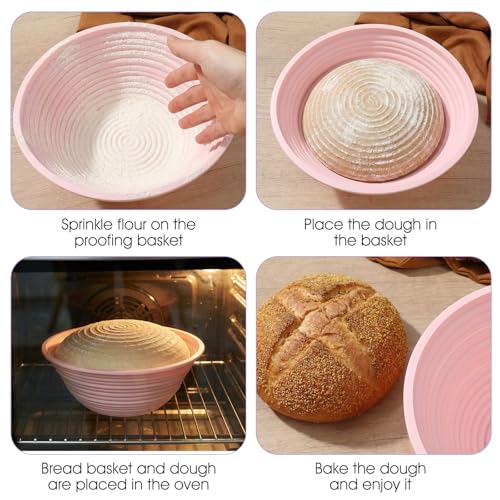4Pcs Silicone Banneton Bread Proofing Baskets, 9 Inch Round Sourdough Foldable Non-Stick Dough Proofing Bowl Making-BPA Free Optimum Sourdough Bread Baking Supplies