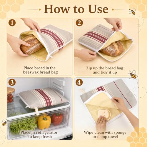 4-Pcs XL Beeswax Bread Bag Set: 2 Bags, Bowl Cover & Cleaning Sponge - color: Striped