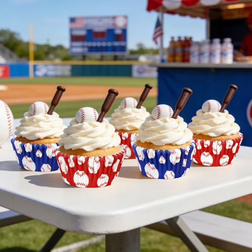 JarThenaAMCS 300Pcs Baseball Cupcake Liners Paper Baking Cups Blue Red Standard Muffin Cupcake Wrappers for Sports Fans Birthday Baby Shower Party Supplies - style: baseball