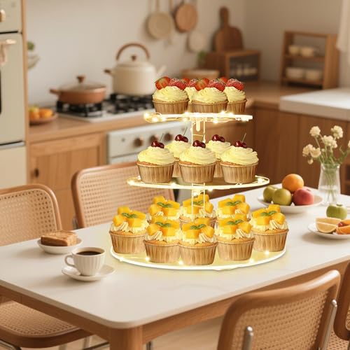 Round Cupcake Stand with Yellow Lights, 3 Tier Cupcake Tower for Party - color: Yellow Light, size: 3 Tier Round