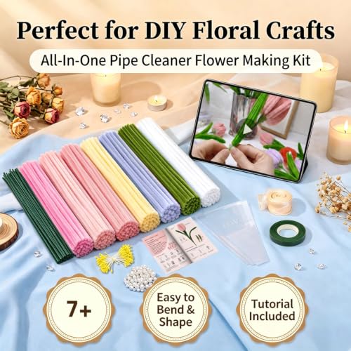 976PCS Pink Pipe Cleaner Flower Kit,7 Colors Soft Chenille Stems - color: Pink colour