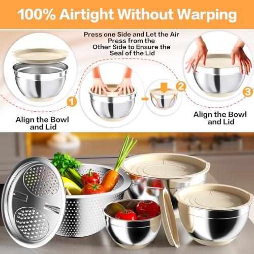 Nicdiet Mixing Bowls with Airtight Lids, Stainless Steel Mixing Bowl Set with 3 Metal Nesting Bowls, Colander & Grater, Non-Slip Bottoms, Size 1.5, 2.5, 5 QT, Great for Mixing & Serving, Khaki - color: Khaki
