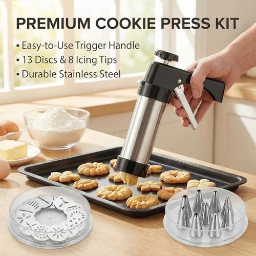 Cookie Press Kit, Stainless Steel Cookie Gun with 13 Discs & 8 Nozzles, Effortless Cookie Maker and Frosting Decorating Tool for Bakers