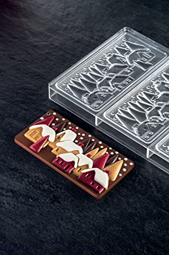 Pavoni PC5038 Polycarbonate Chocolate-Bar Mold with Three Xmas-Village Cavities, Each 77mm x 154mm x 10mm High - color: Xmas Village