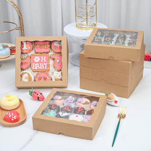 TEMLQPACK 15pcs 8x8x2 Inch Brown Bakery Boxes with Window - Christmas Cookies/Cakesicle Storage - color: Brown