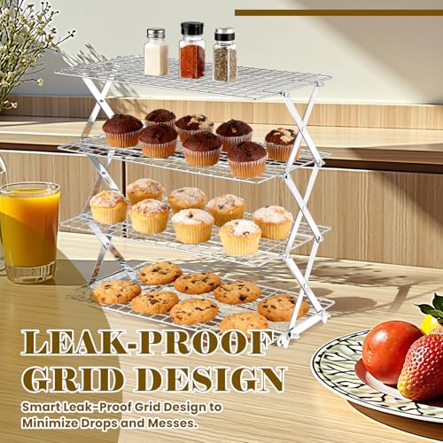 BEWOS 4 Tier Collapsible Cooling Rack - Adjustable Stainless Steel Baking Rack with Leak-Proof Mesh, X-Shaped Structure Cooling Rack for Cooking and Baking, Dishwasher Safe - color: Silver, size: 4 Tier