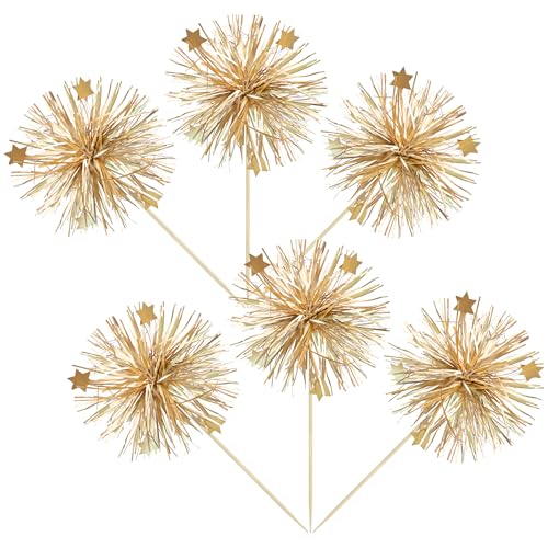 Ephlyn 30Pcs Foil Firework Cupcake Toppers Party Birthday Cake Toppers Supplies Sparkle Tinsel Cocktail Fruit Toothpick for Birthday Wedding Graduation Party Supplies Gold - color: Gold, style: Style 1