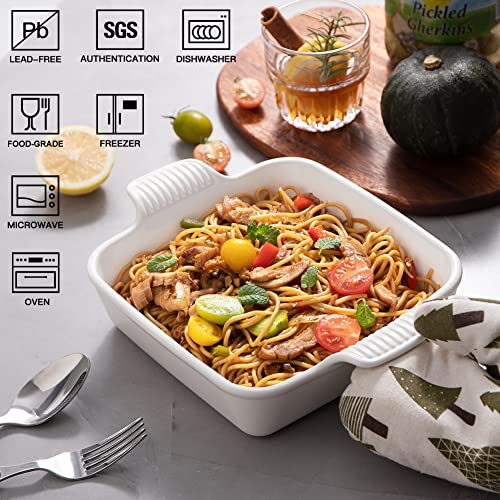 Sweejar Ceramic Baking Dish, 9 x 9 Cake Baking Pan for Brownie, Porcelain Square Bakeware with Double Handle for Casserole, Lasagna, Family Dinner (White) - color: White, size: Square 9IN