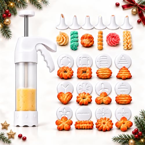 Spritz Cookie Press Gun Kit, Clear Barrel Cookie Maker with 12 Discs & 6 Icing Tips, Manual Cookie Press for Baking, Biscuit Maker & Cake Decorating Tool