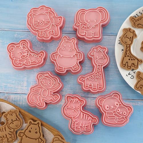 8 Pcs Animal Cookie Cutters Set With Plunger Stamps 3D Zoo Embossing Cutter - color: Animal Cookie Cutters
