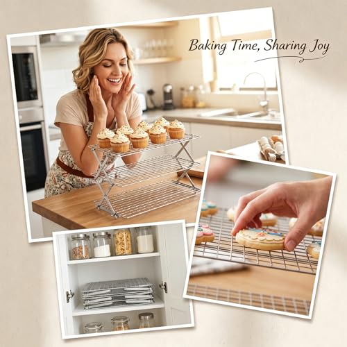 Collapsible Cooling Rack with Adjustable 3 Setting, Wire Cooling Roasting Cooking Baking Drying Rack for Cookies Bread Turkey, Candy, Fruit, Snacks (Silver- 3 Tier) - size: Silver- 3 Tier