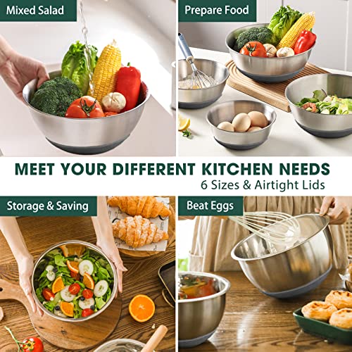 Umite Chef Mixing Bowls with Airtight Lids，6 piece Stainless Steel Metal Nesting Storage Bowls, Non-Slip Bottoms Size 7, 3.5, 2.5, 2.0,1.5, 1QT, Great for Mixing & Serving(Grey) - color: Gray