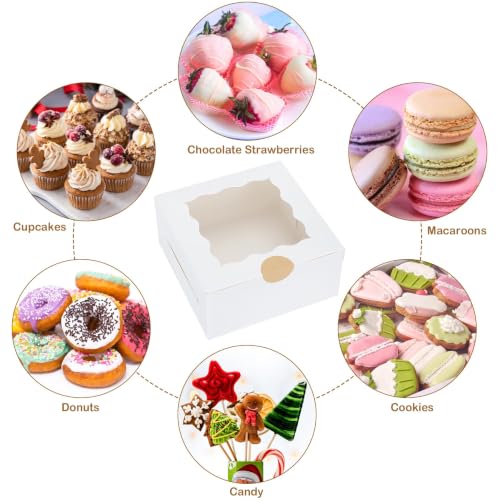 30 Pcs White Bakery Boxes with Window and Stickers, 6 X 6 X 3 Inches