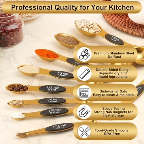 Gold Magnetic Measuring Spoons Set Stainless Steel with Leveler, Dual-Sided Stackable Metal Measuring Spoons for Baking & Cooking, Fits in Spice Jars, Heavy Duty Kitchen Gadgets, 8 Spoons & 1 Leveler - color: Gold