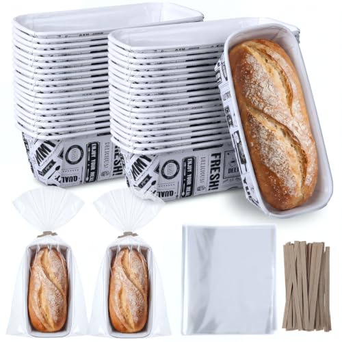 50 Sets Paper Loaf Pans for Baking 6.3 x 2.2 x 2.2 Inch Disposable Paper Baking Pans with Clear Plastic Bags and Kraft Ties Rectangle Cake Mold for Bread Sweets Tea Party (Black Newspaper) - style: Black Newspaper
