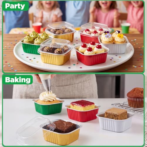 Skylety 100 Pcs 5oz Mini Square Cake Pans with Lids, Christmas Mix - color: Christmas Mix