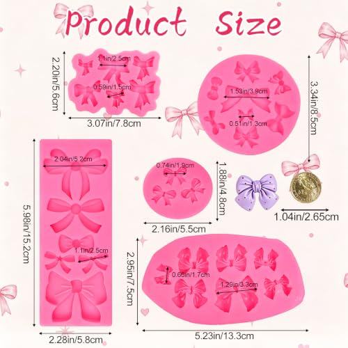 Bow Mold Silicone, Mini Bows Candy Chocolate Mold Bow Cake Silicone Molds - color: 5 Pcs Bow Fondant Molds, Pink