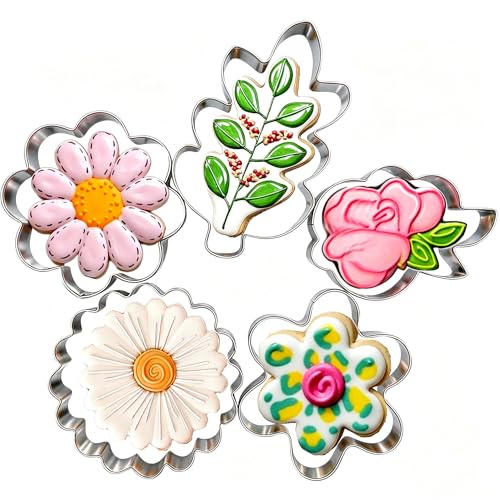 5Pcs Spring Flowers Cookie Cutters, Sunflower Dasiy Rose Tulip Shapes Biscuits Molds Stainless Steel Cutter Set for Mother's Day, Father's Day, Valentine's Day, Thanksgiving - color: Flower