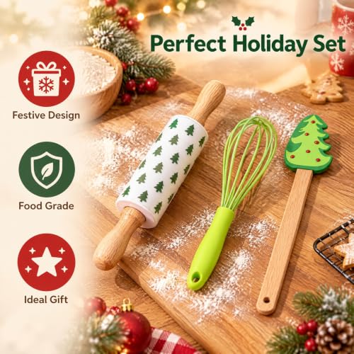 3-Piece Christmas Baking Set, Silicone Spatula Whisks Rolling Pin - color: 3-Piece Christmas Baking Set