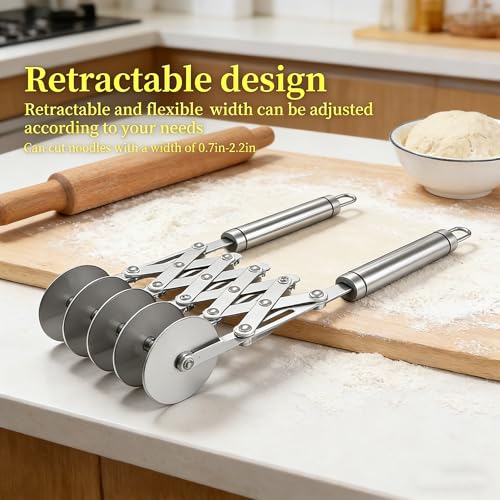 Wheel Adjustable Pasta Cutter with Handle - Stainless Steel Multi-Tool for Baking Pastry, Pizza, Noodles & Pie Crust (7 Roller) - color: 7 Roller
