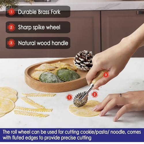 Ravioli Stamp Maker Cutter with Roller Wheel Set, Large Size Aluminum Press with Wooden Handle and Fluted Edge, Ravioli Maker Stamp for Ravioli, Pasta, Dumplings Lasagna, Pierogi, Set of 4