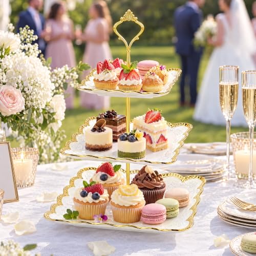 Kochorie 3 Tier Square Ceramic Cupcake Stand Gold Rim White Serving Tray - style: Square