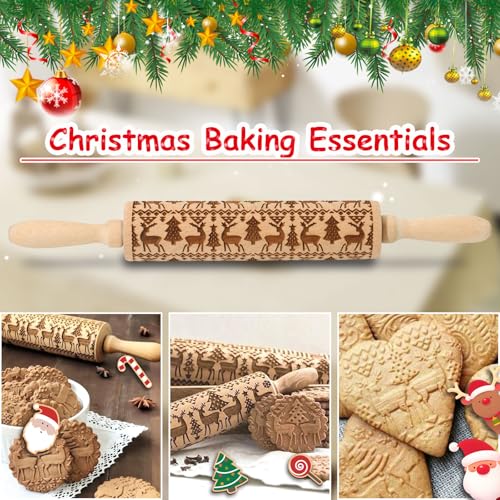 Christmas Embossed Rolling Pin for Baking Cookies Embossing Rolling Pins with Design Wooden Engraved Springerle Roller Pin Animal Dough Patterned Clay Pottery Ceramic Bakers Women (Reindeer & Tree) - color: Christmas Reindeer