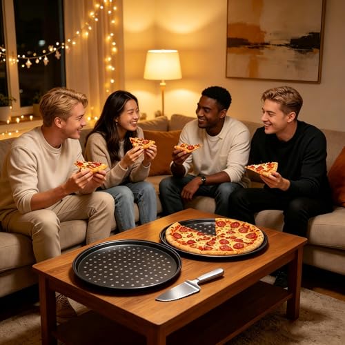 12-inch Perforated Oven Pizza Pan, Carbon Steel Perforated Pizza Tray and Cutter Set, Compatible with Breville Smart Ovens, Non-Stick Baking Pan, Home Pizza Oven Accessories - size: 12.4 inch with holes (2 pcs)