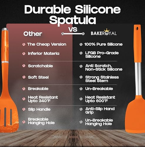 BakeRoyal Silicone Spatula Set - Turner Spatulas Silicone Heat Resistant 600°F - Slotted & Solid Silicone Spatulas for Cooking Fish, Eggs, Pancakes Flipper – Silicone Cooking Utensils Set – Orange - color: Orange