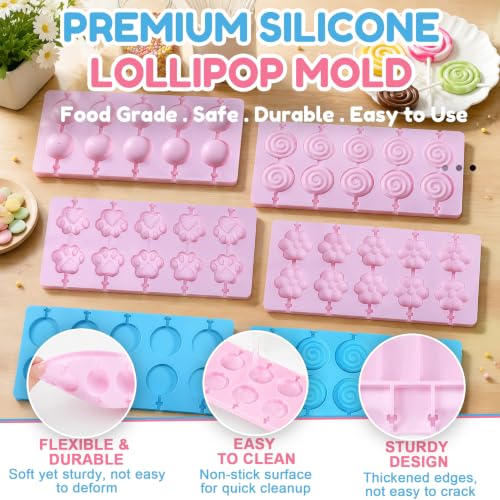 12 Cavities Flower Pink Silicone Lollipop Molds,Hard Candy Chocolate Sucker Mold with 20pcs Bags,20pcs Gold Ties - color: C