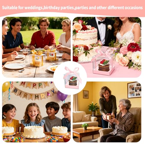 Individual Cupcake Boxes,24 Pack 3.5 Inch Clear Single Cupcake Containers,Cup Cake Carrier with Ribbon, Small Cake Holder Boxes for Wedding Party Valentine day - color: Pink, size: 24Pcs