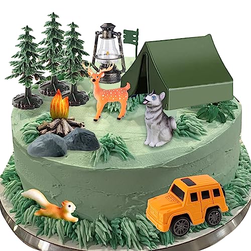 16 Pcs Camping Cake Toppers Camp Cake Decorations Fireside Camp Forest Cake Decors for Kids Camping Forest Theme Party and Camping Fans' Birthday Supplies - style: Camping Cake Toppers