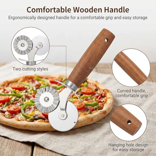 Pie Crimper, Double Headed Pastry Wheel Cutter, Dual-Head Baking Tool, Stainless Steel Ravioli Pasta Dough Cutter, 6.5" Crimper for Pie Crust Cookie Baking for Home and Kitchen Use, Wood Handle