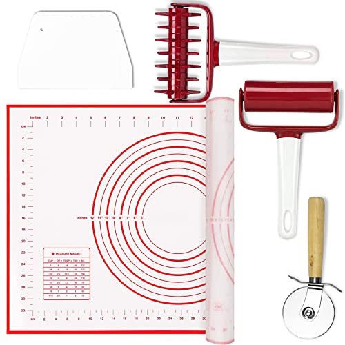 5 pcs Pizza Tool Set Includ Pastry Pizza Roller, Pizza Dough Docker that Time-Saving and Dough Scraper Cutter and Pizza Cutter Wheel and Silicagel Pastry Mat (5 pcs) - style: 5 pcs