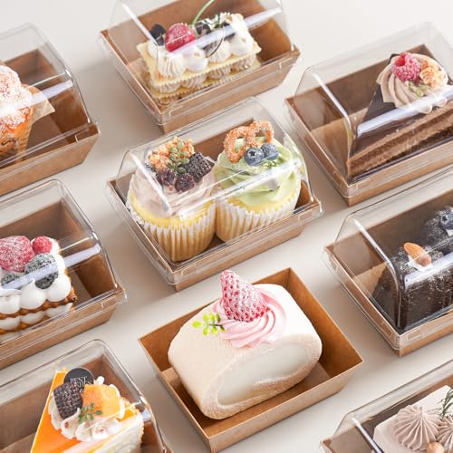 50 Pcs Small Charcuterie Boxes with Clear Lids - To Go Paper Rectangle Charcuterie Box, 5-in Disposable Food Containers,Dessert Boxes for Cookie, Cake Slice Strawberries (Brown) - color: Brown