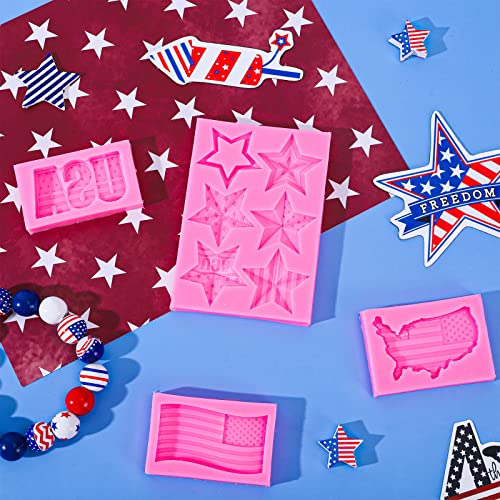 Whaline 4Pcs 250th Anniversary Independence Day Silicone Molds 4th of July 3D Patriotic Fondant Mold American Flag Pattern Chocolate Molds USA Map Stars Cupcake Baking Decorating Moulds for DIY Party - style: 4th of July